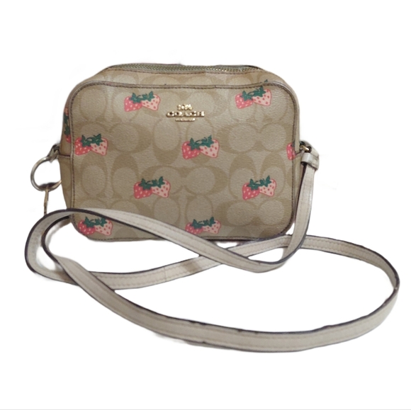Coach Handbags - Coach Jaimie Mini Camera Bag Tan Crossbody Bag with Wild Strawberry Design